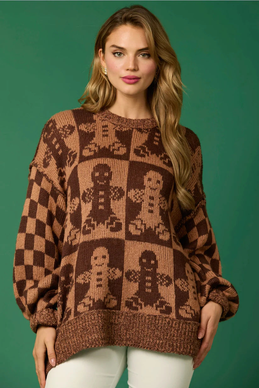 Velina Moda | Candy Cane Christmas Pins & Gingerbread Man Knit Sweater