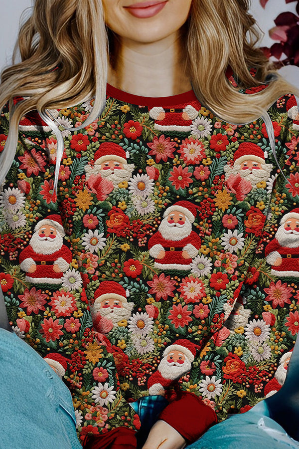 Velina Moda | Printed Christmas Contrast Color Long Sleeve Pullover Sweatshirt