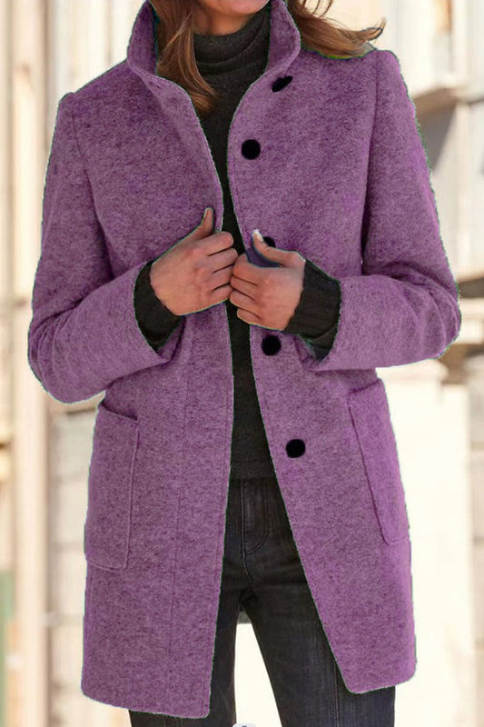Velina Moda | Solid Color Button Stand Collar Wool Jacket