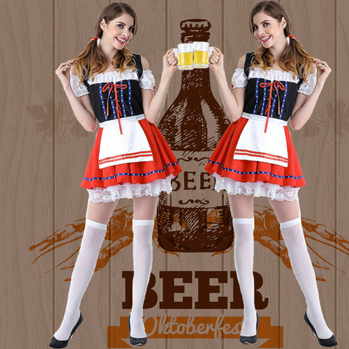 Short dirndl in red and black with white apron