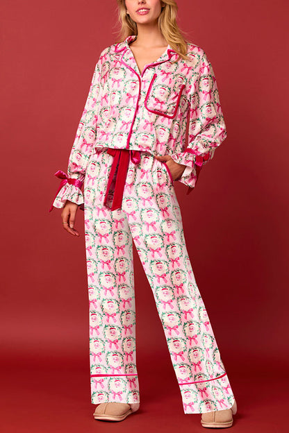 Velina Moda | Christmas Printed Velour Lacing Long Sleeve Pocket Top and Elastic Waist Pants Set