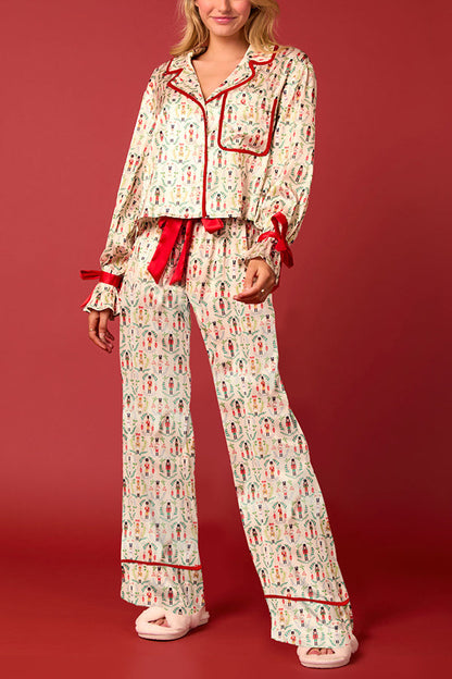 Velina Moda | Christmas Printed Velour Lacing Long Sleeve Pocket Top and Elastic Waist Pants Set