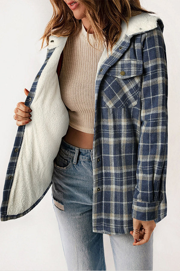 Velina Moda | Button Sherpa Lined Hooded Flannel Jacket
