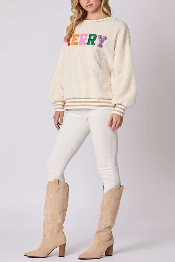 Velina Moda | Christmas Letters Rhinestone Long Sleeve Round Neck Sweatshirt