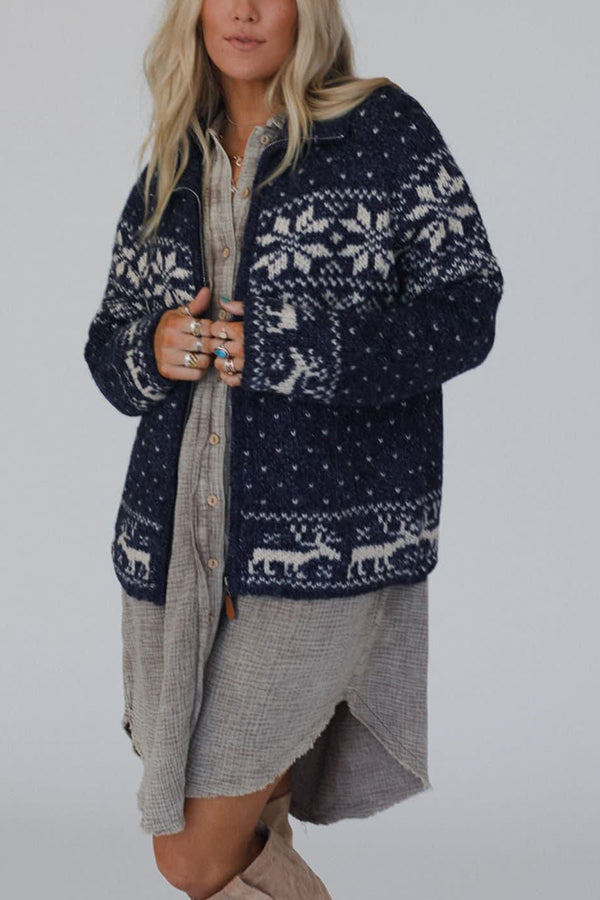 Velina Moda | Christmas Snowflake Moose Zip Long Sleeve Sweater