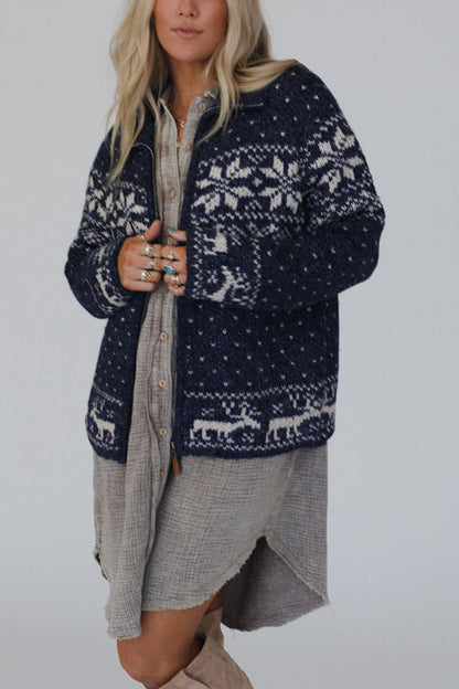 Velina Moda | Christmas Snowflake Moose Zip Long Sleeve Sweater