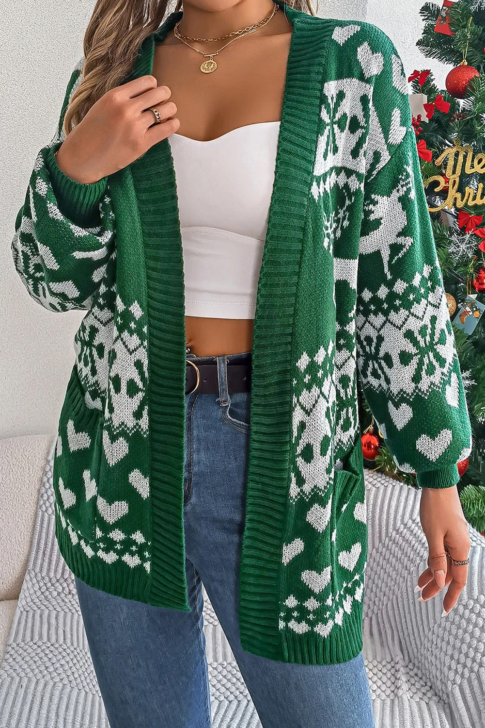 Velina Moda | Dark Green Christmas Long Sleeve Cardigan