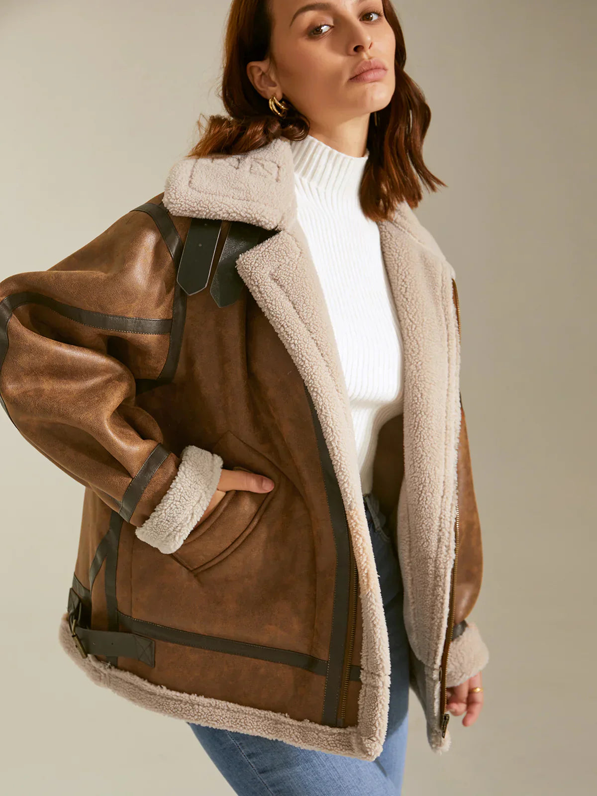 Velina Moda | Padded Suede Shearling Flight Jacket