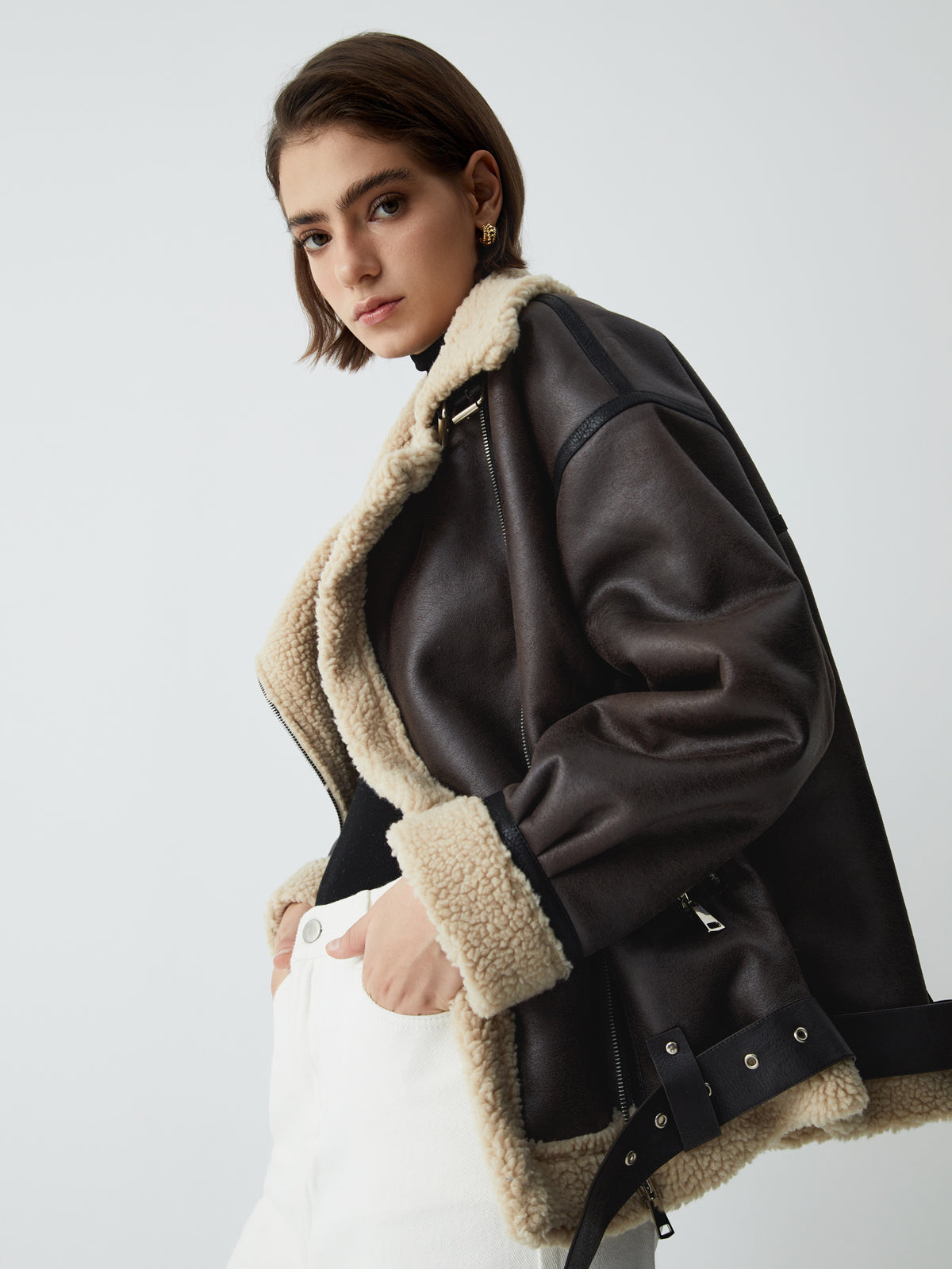 Velina Moda | Sherpa-Lined Sheepskin Aviator Jacket