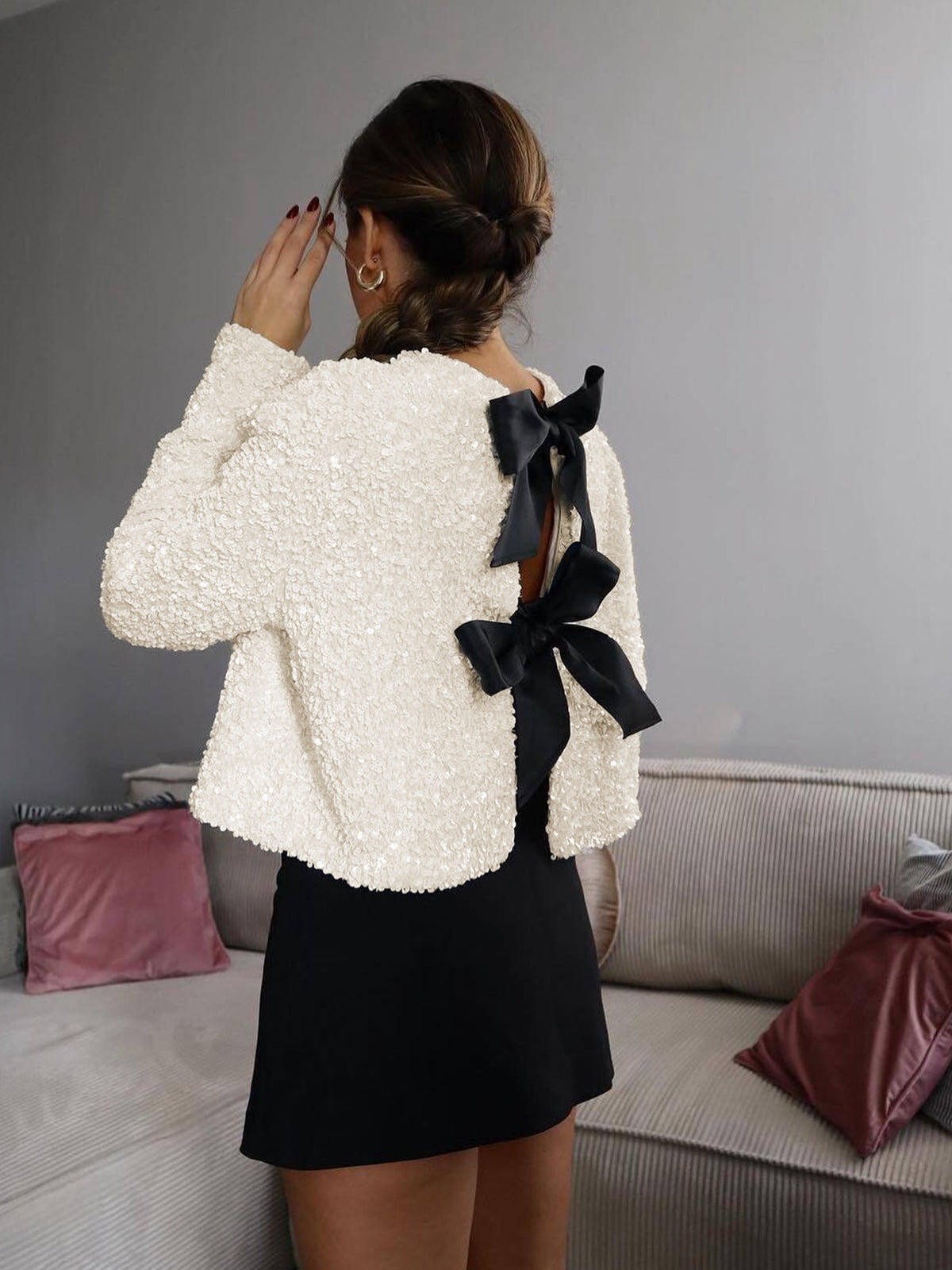 Velina Moda | Velvet Bow Decor Jacket