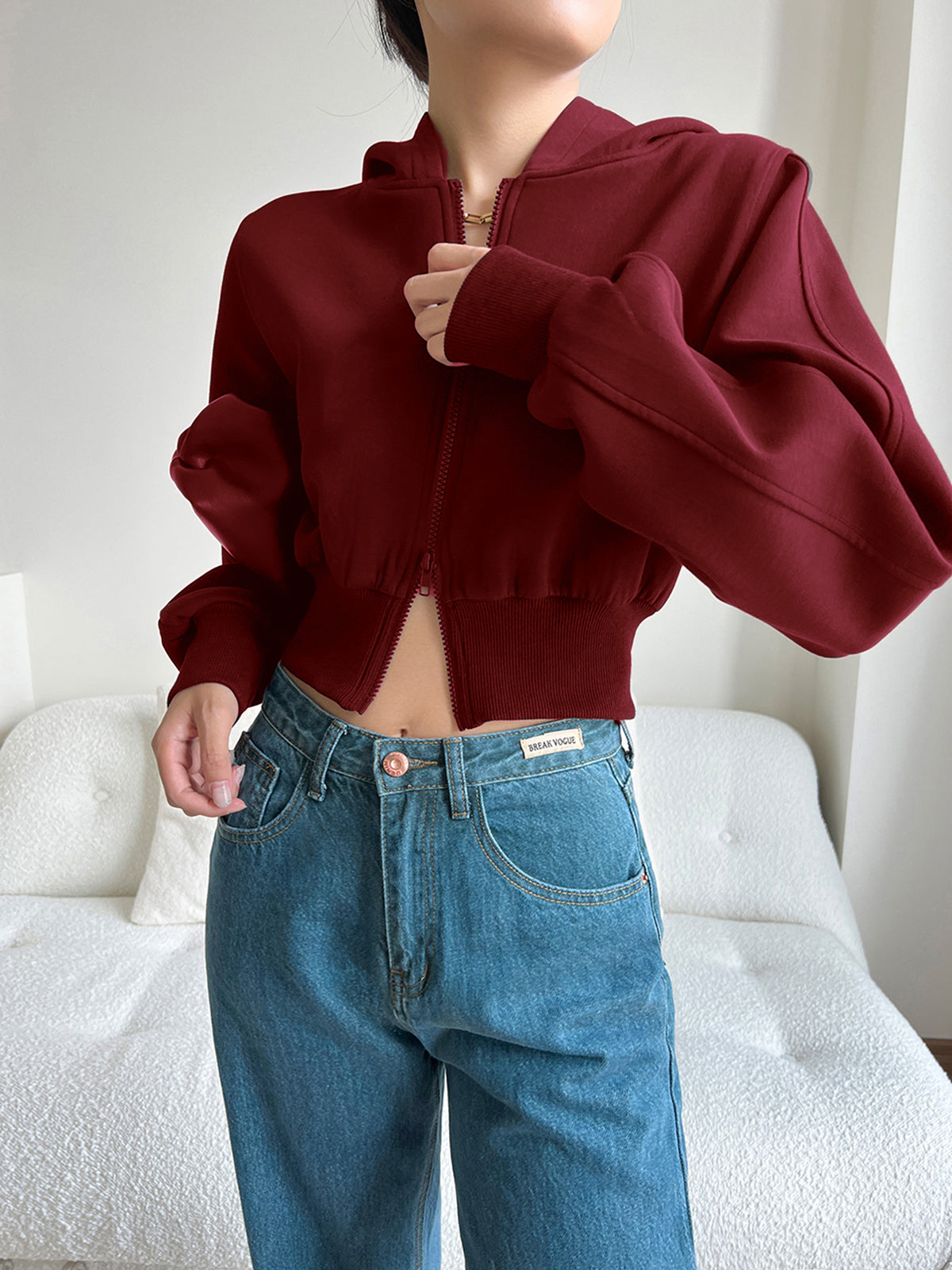 Velina Moda | Long Sleeve Zip Crop Hoodie
