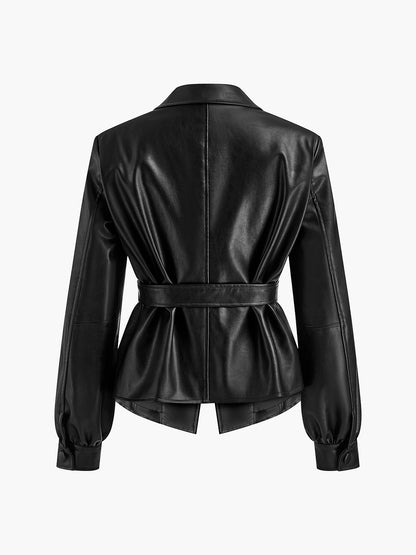 Velina Moda | Belted Faux Leather Jacket
