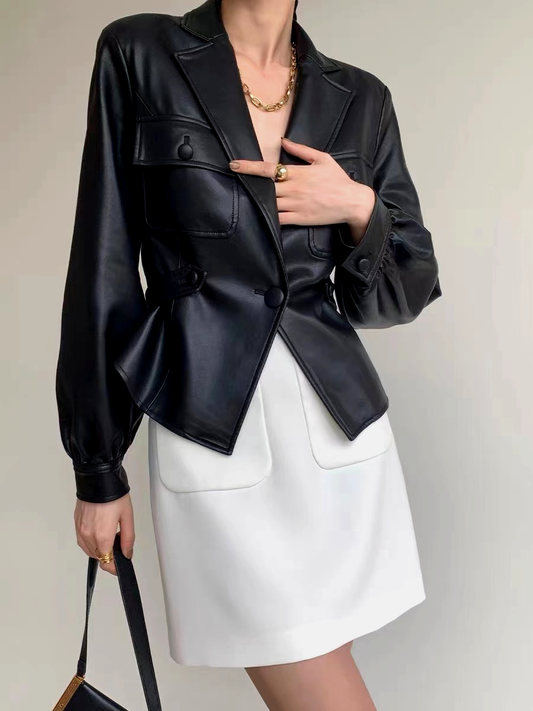 Velina Moda | Belted Faux Leather Jacket