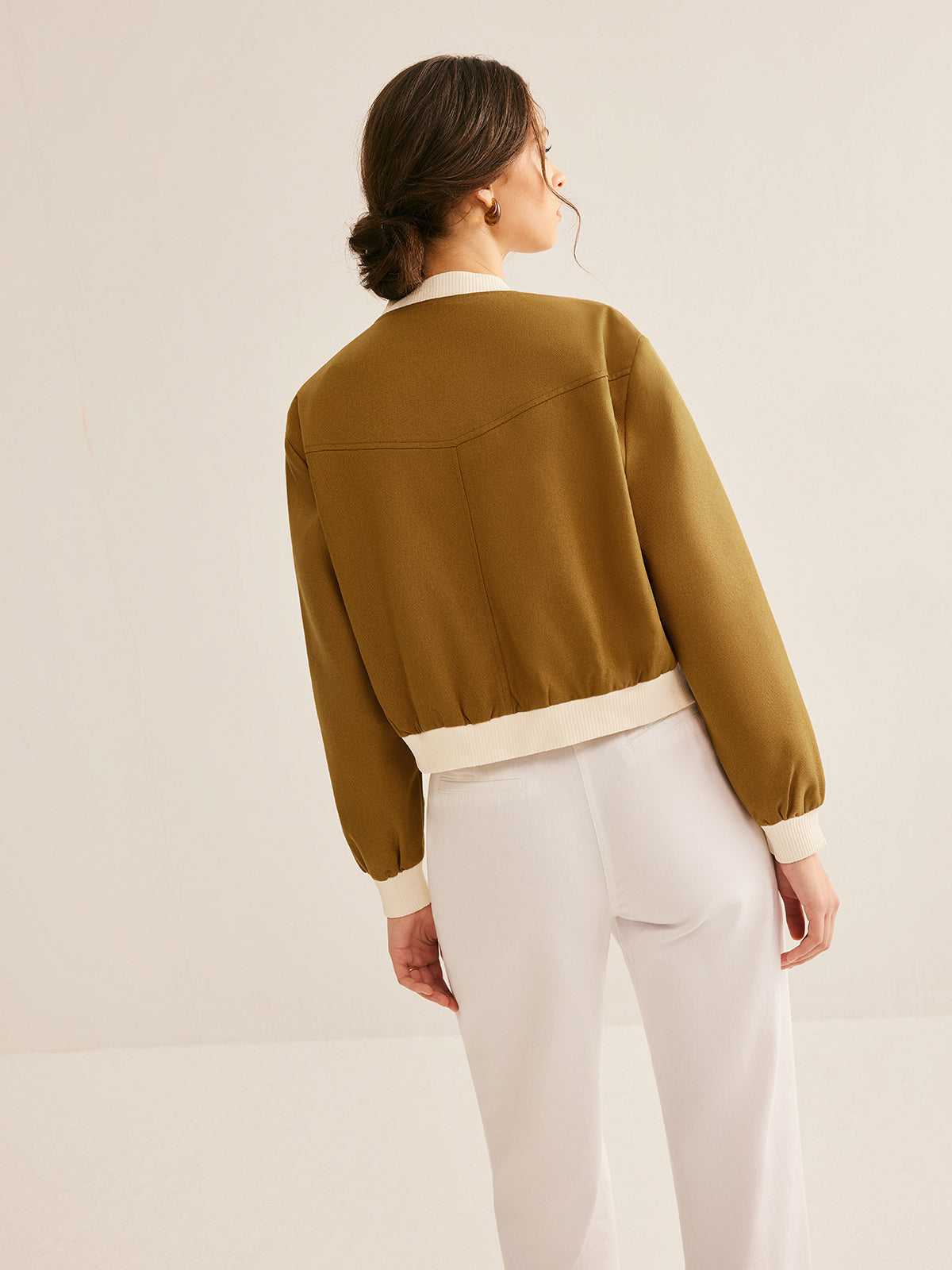 Velina Moda | Crew Neck Contrast Trim Button Jacket