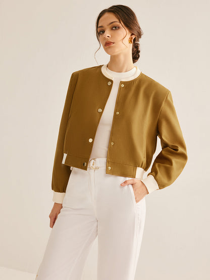 Velina Moda | Crew Neck Contrast Trim Button Jacket