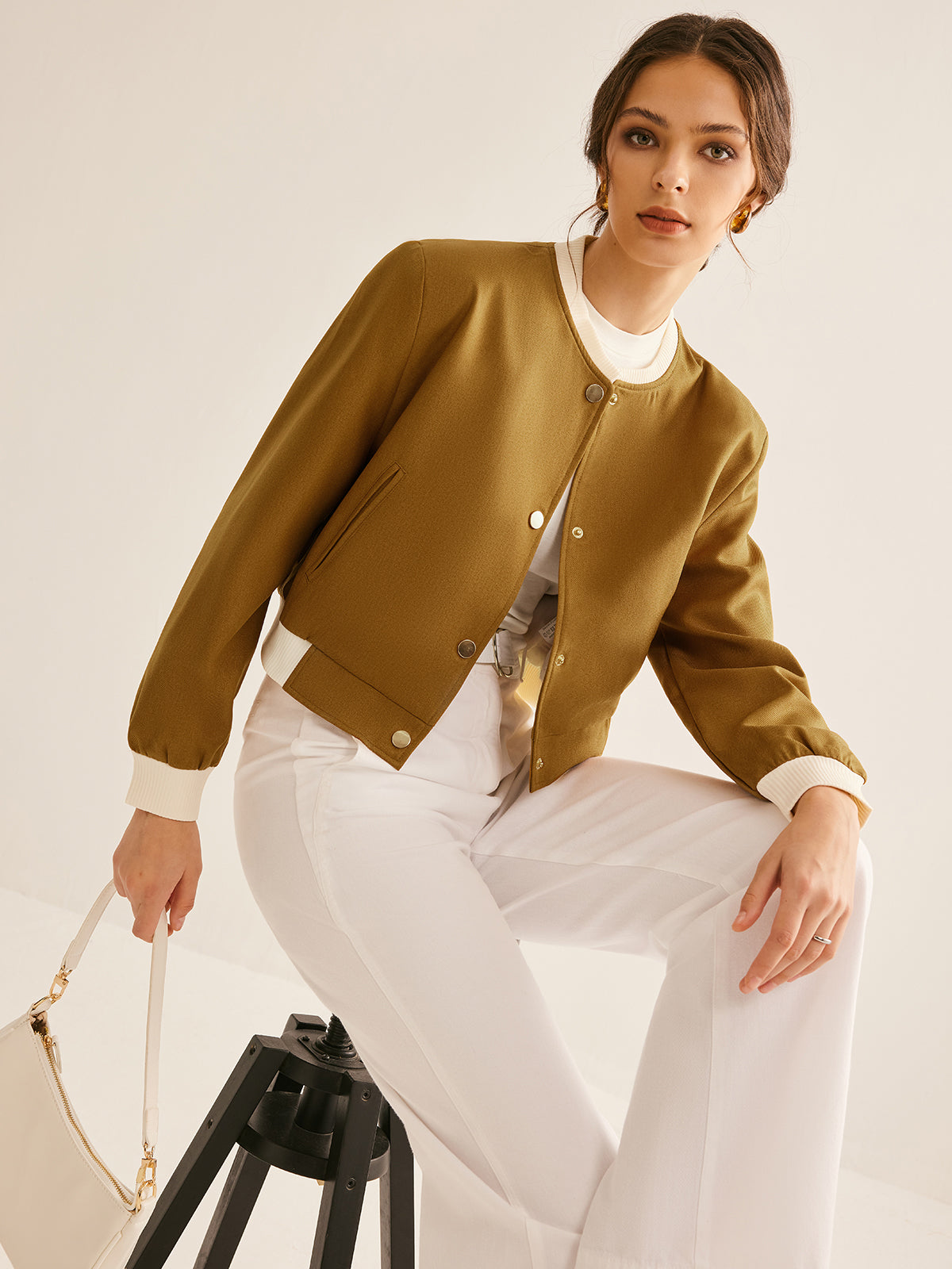 Velina Moda | Crew Neck Contrast Trim Button Jacket