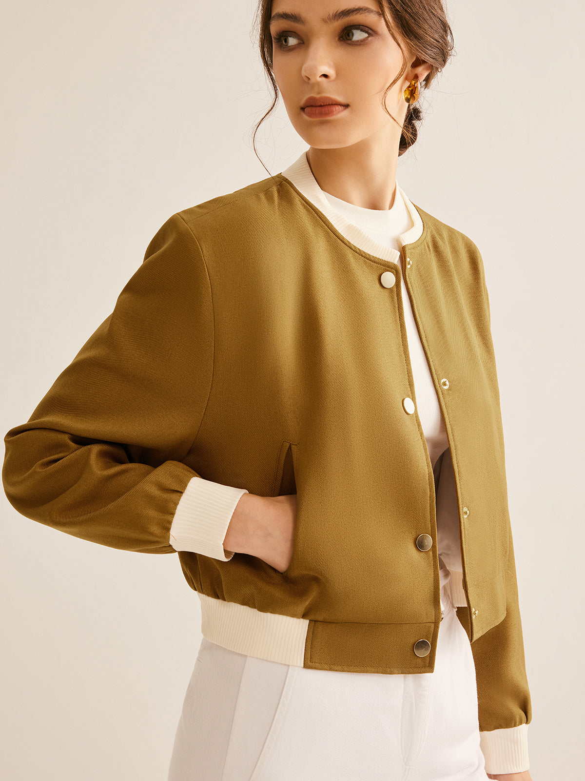 Velina Moda | Crew Neck Contrast Trim Button Jacket