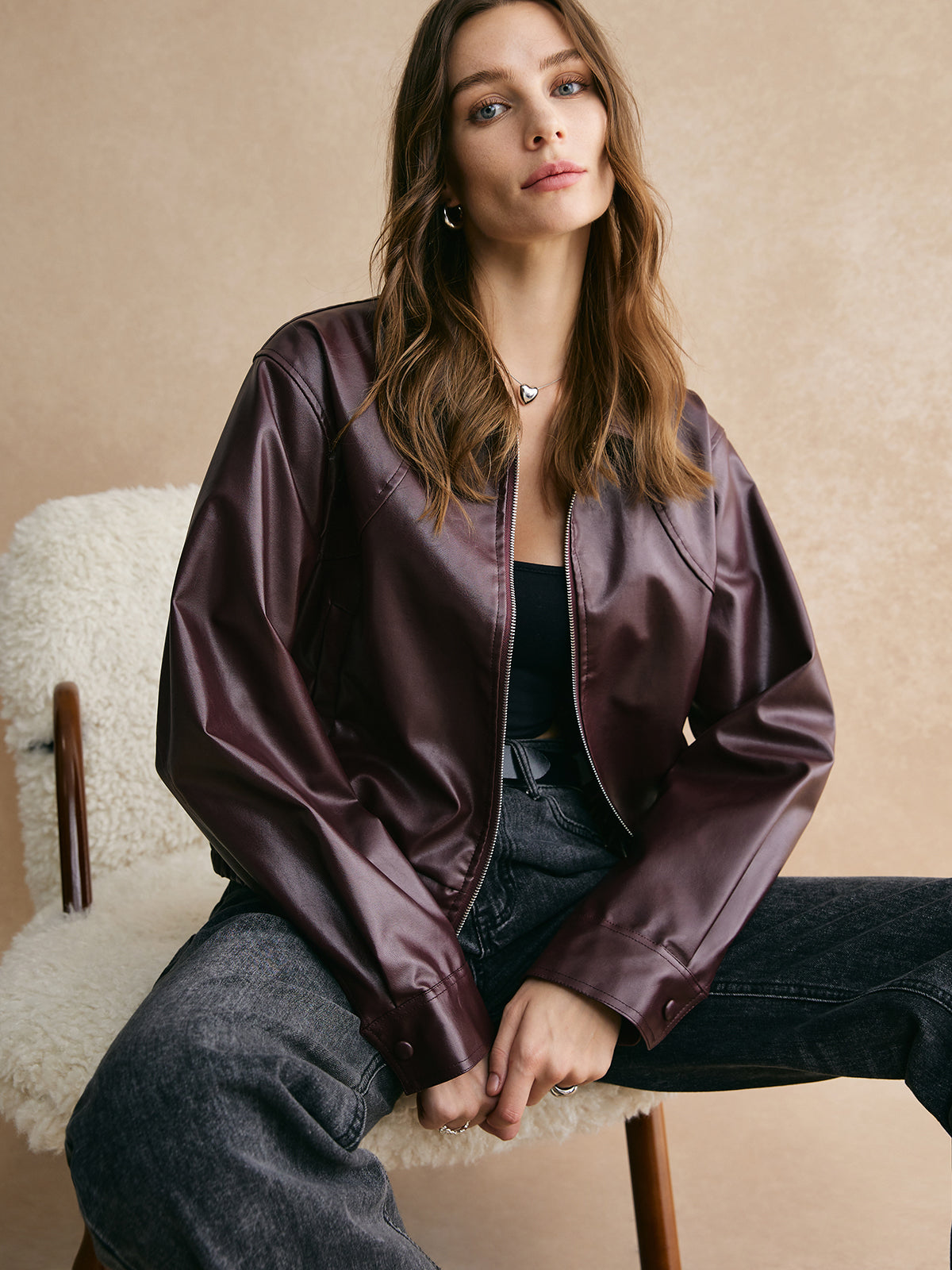 Velina Moda | Zipper Pu Leather Short Jacket