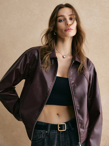 Velina Moda | Zipper Pu Leather Short Jacket
