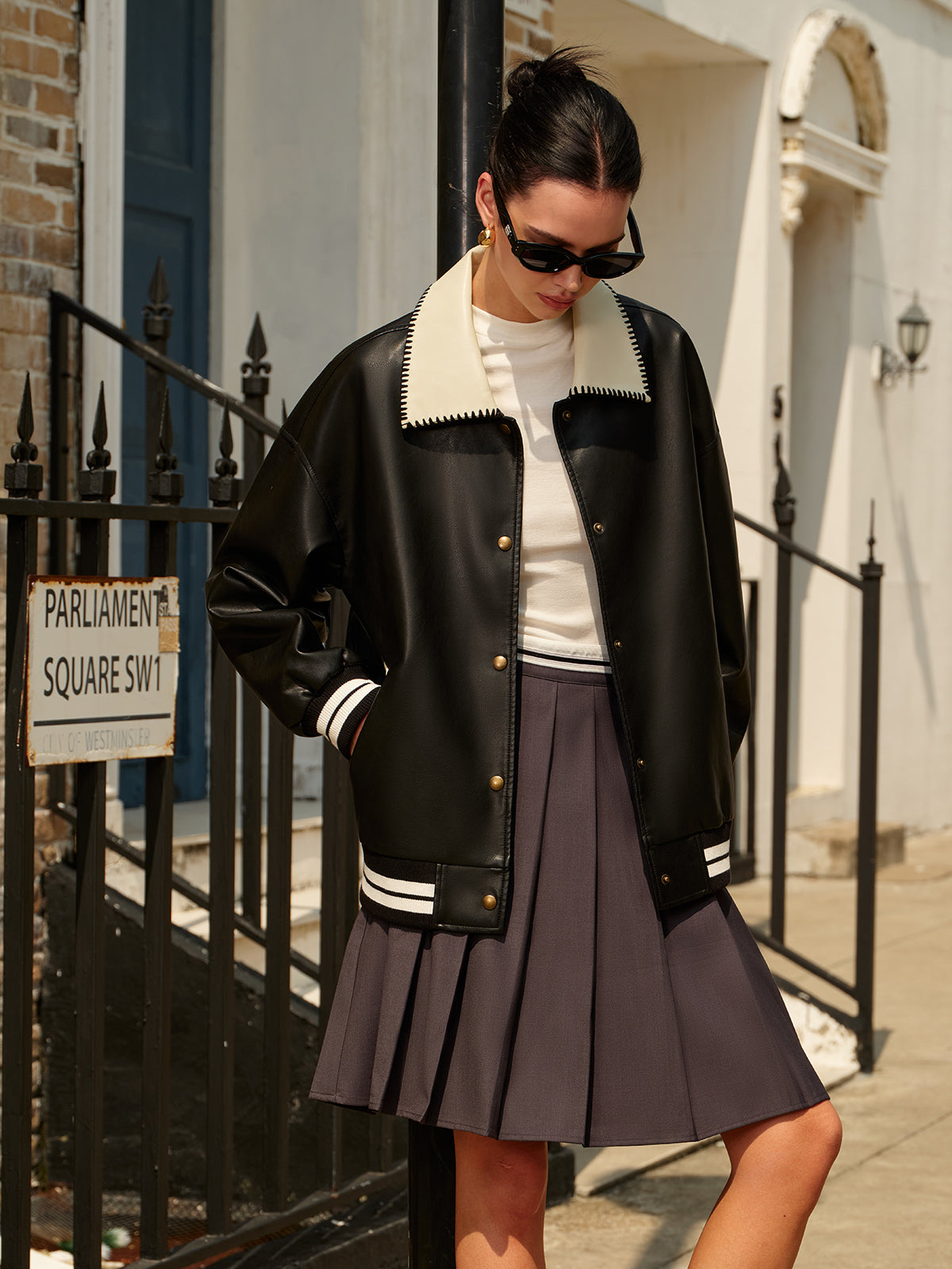 Velina Moda | Collar Pu Leather Bomber Jacket