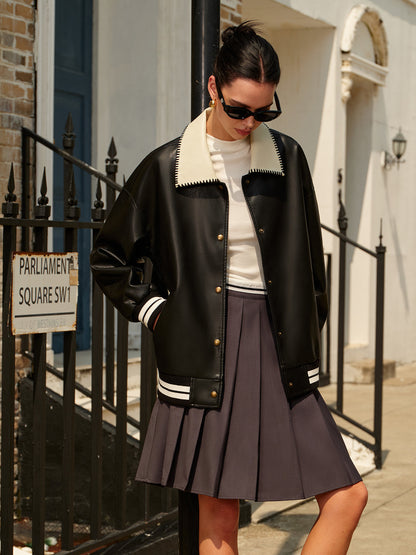 Velina Moda | Collar Pu Leather Bomber Jacket