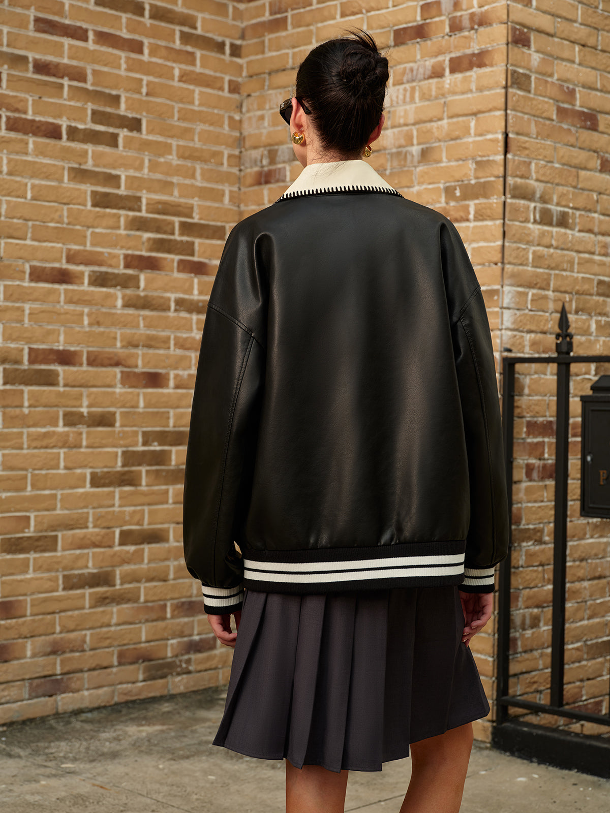 Velina Moda | Collar Pu Leather Bomber Jacket