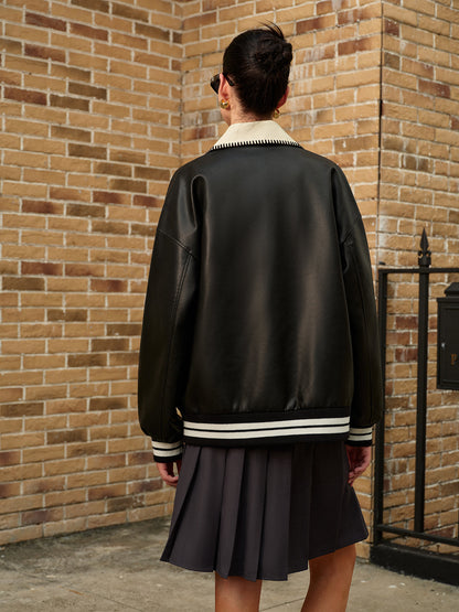 Velina Moda | Collar Pu Leather Bomber Jacket