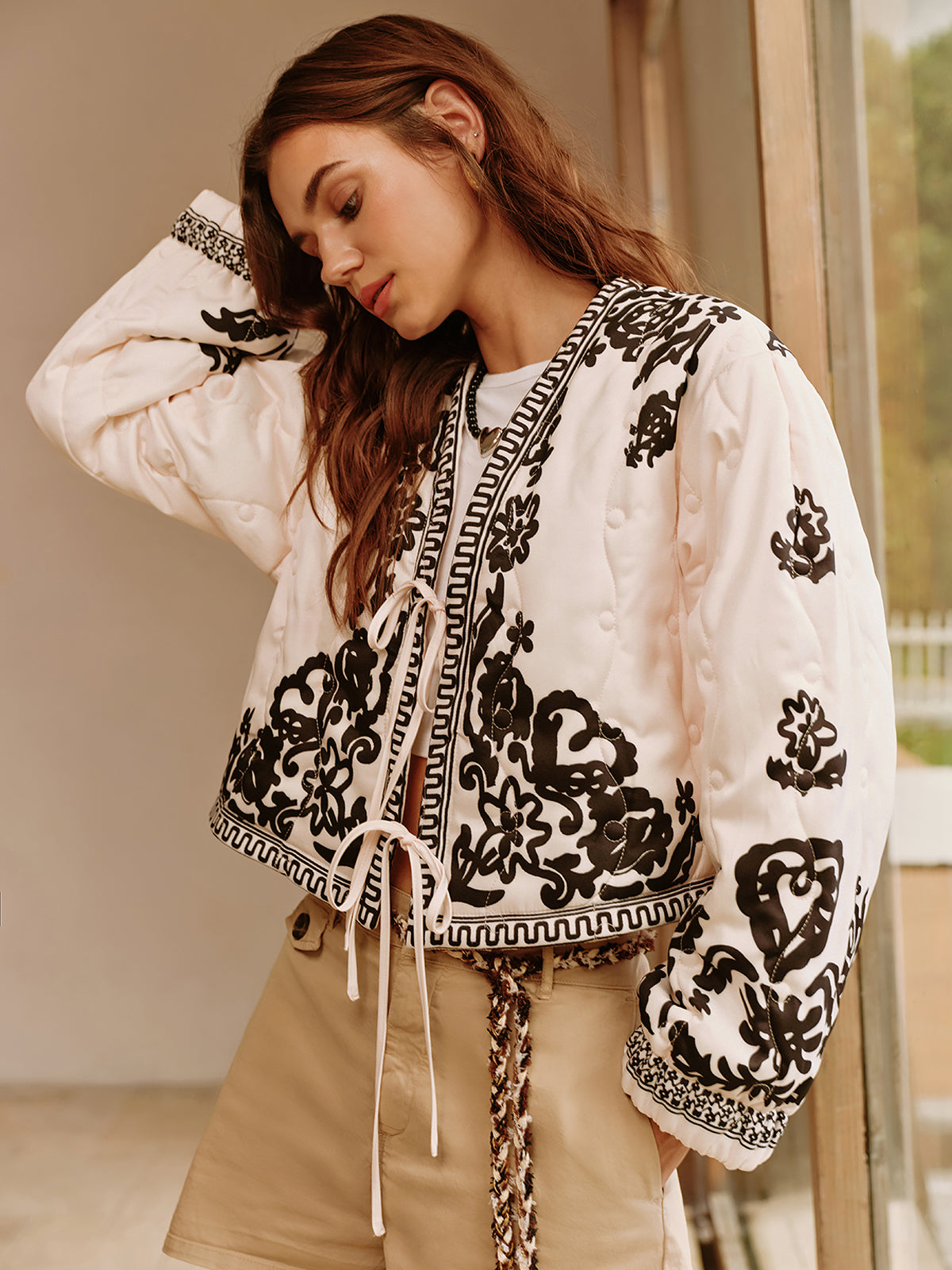 Velina Moda | Printed Lace-Up Short Jacket