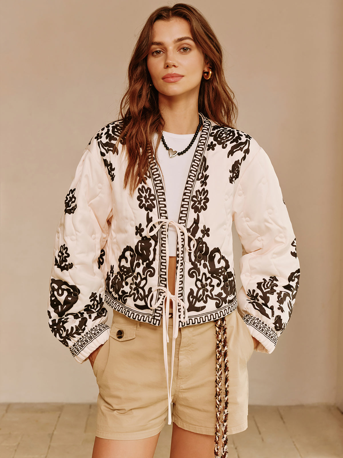 Velina Moda | Printed Lace-Up Short Jacket