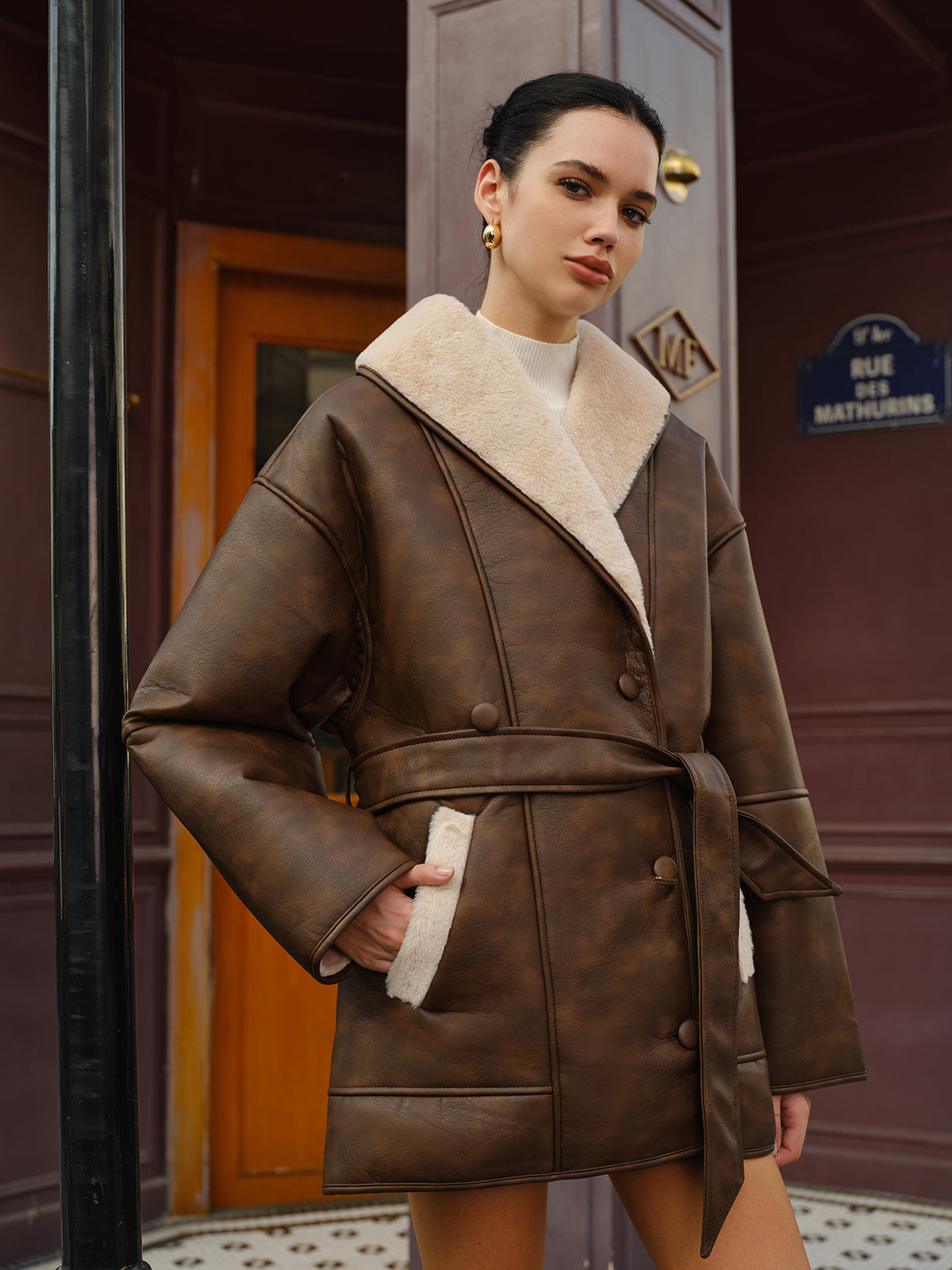 Velina Moda | Armadillo Faux-Leather Fleece Jacket