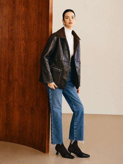 Velina Moda | Side Faux Leather Fleece Jacket