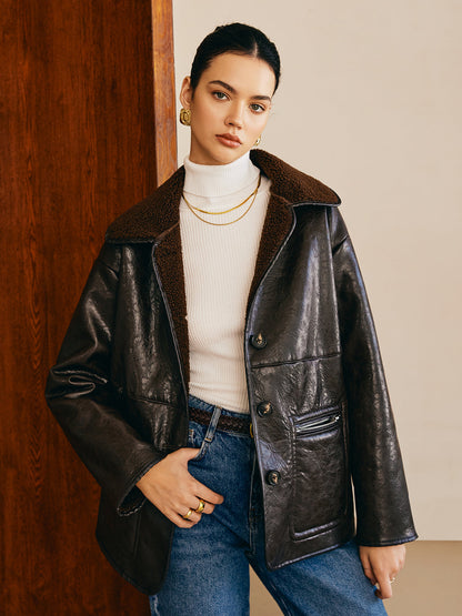 Velina Moda | Side Faux Leather Fleece Jacket