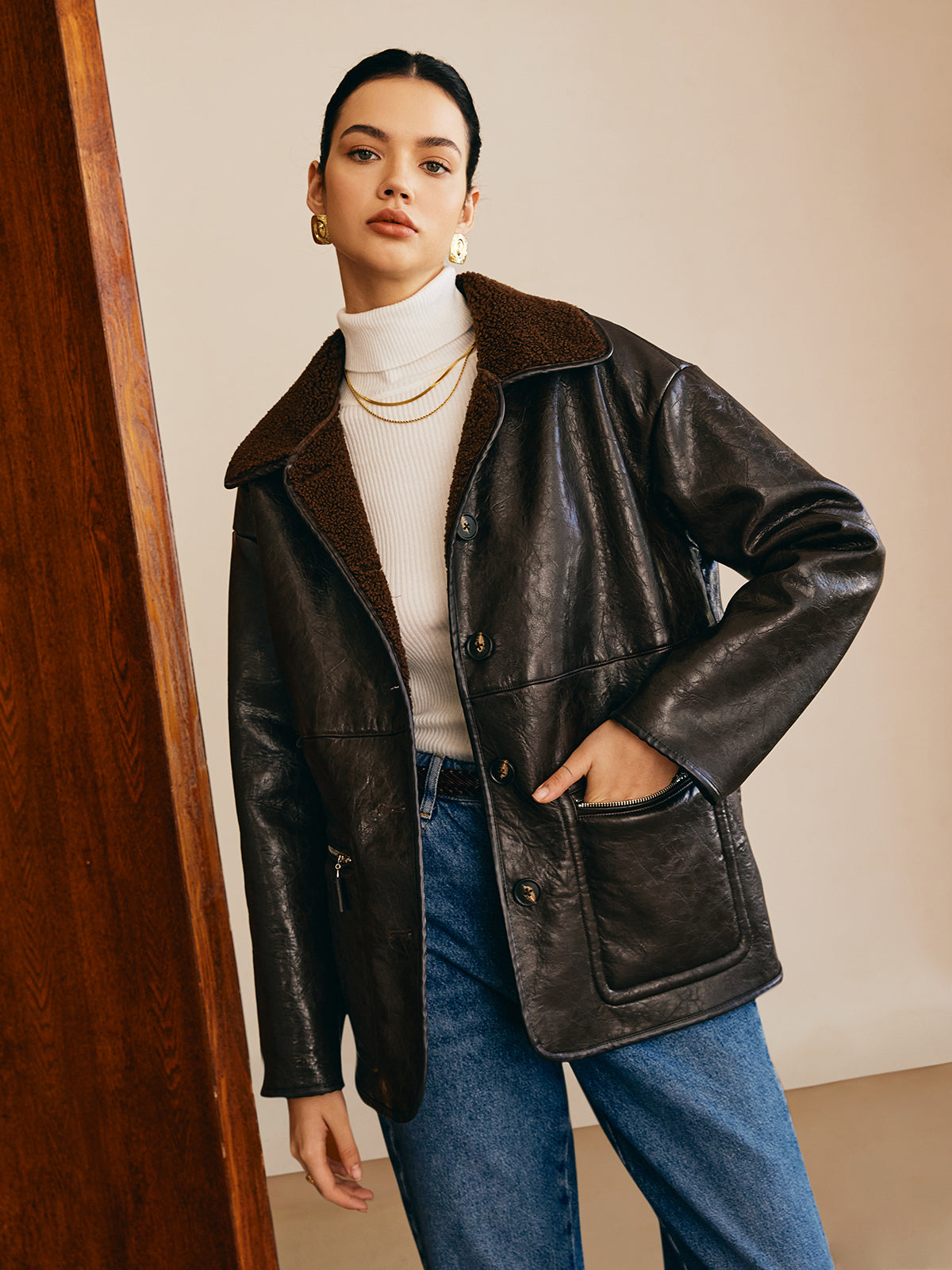 Velina Moda | Side Faux Leather Fleece Jacket