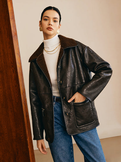 Velina Moda | Side Faux Leather Fleece Jacket