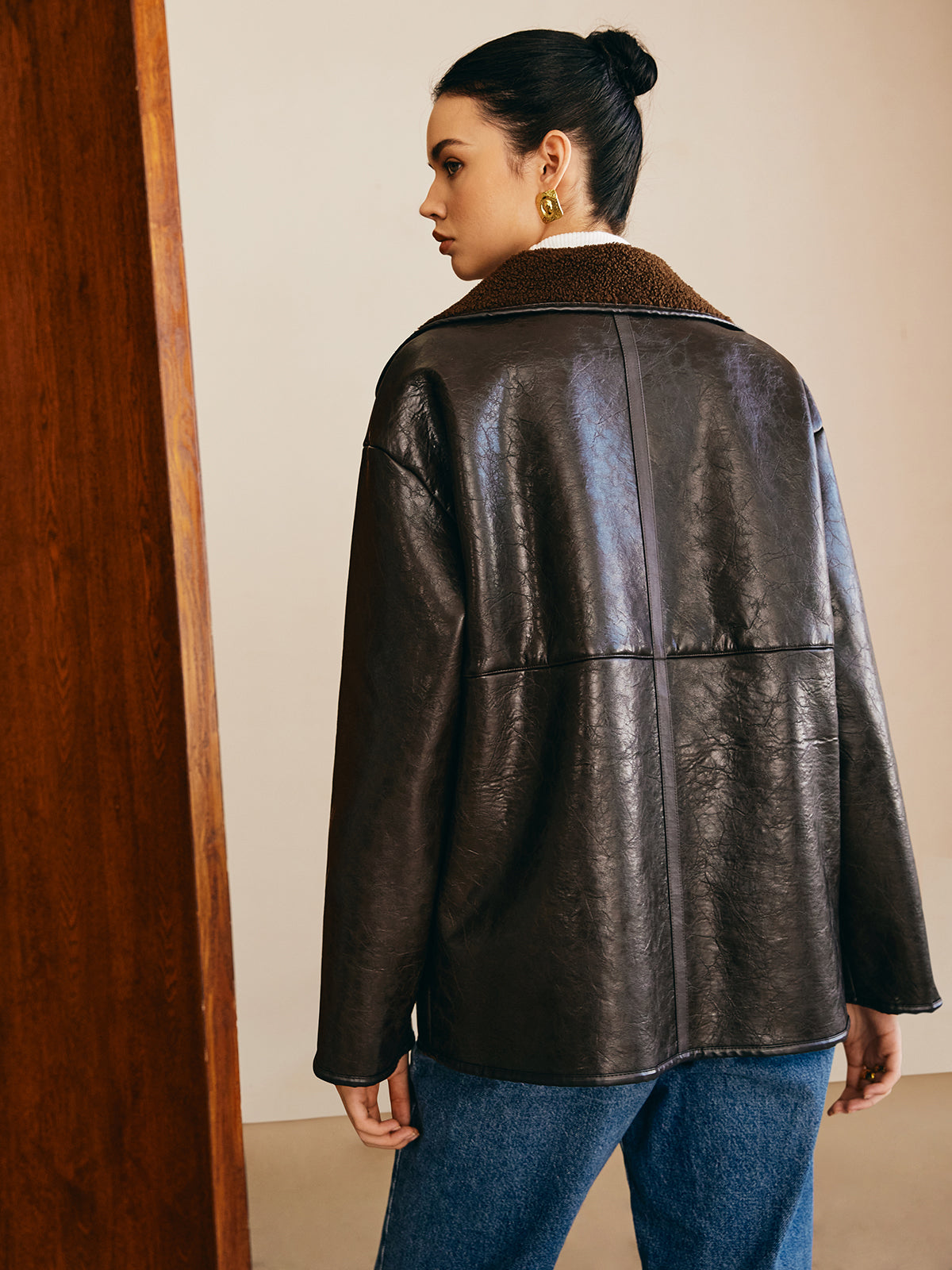 Velina Moda | Side Faux Leather Fleece Jacket