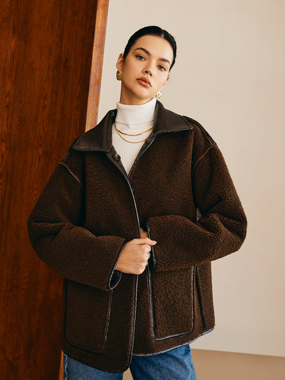 Velina Moda | Side Faux Leather Fleece Jacket