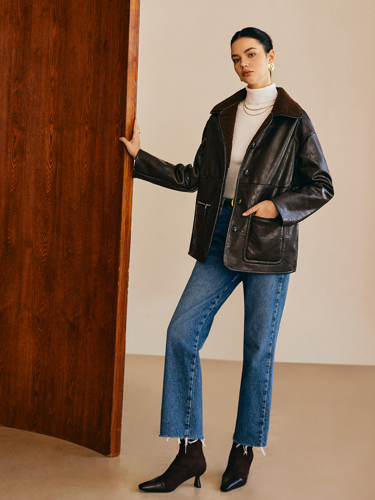 Velina Moda | Side Faux Leather Fleece Jacket