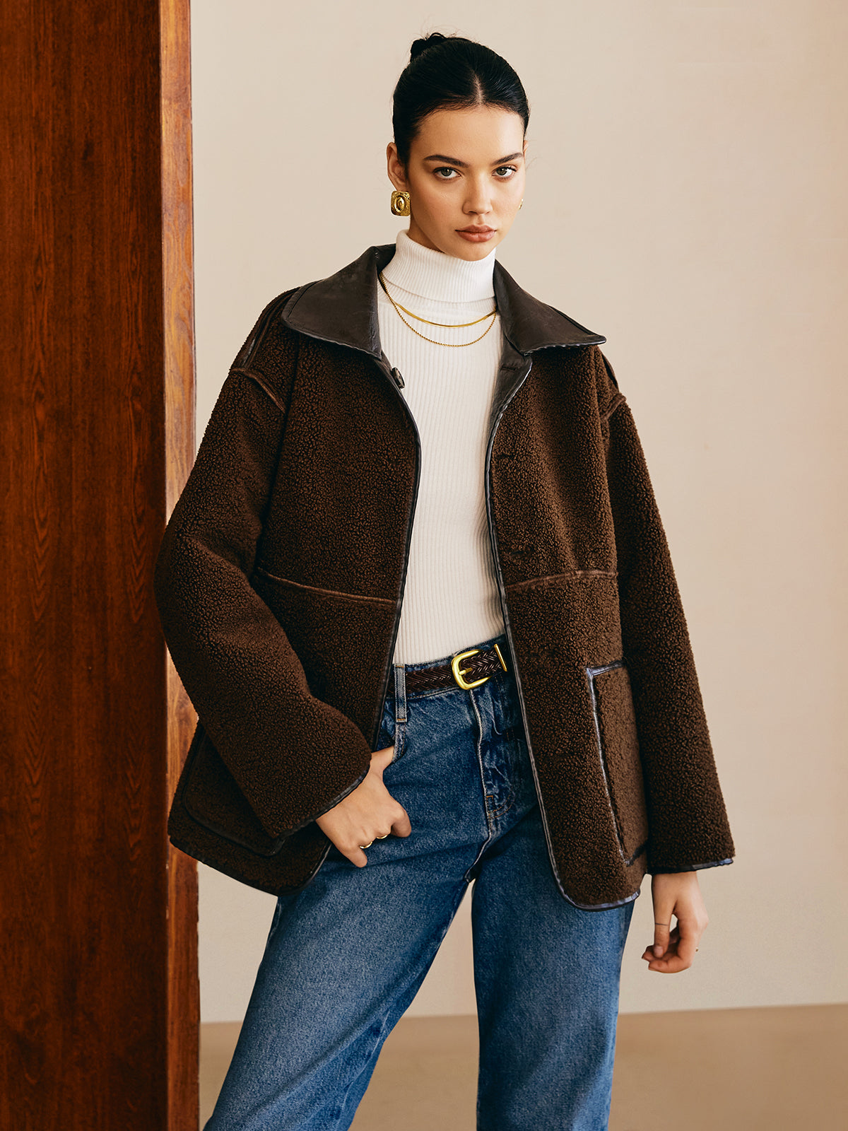 Velina Moda | Side Faux Leather Fleece Jacket