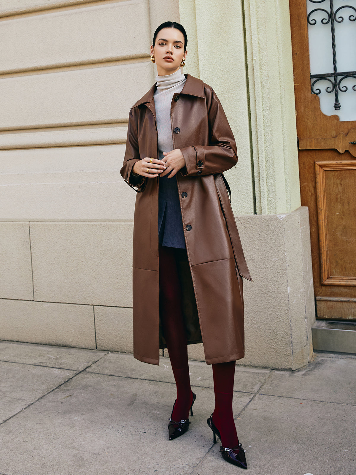 Velina Moda | Faux Leather Long Jacket