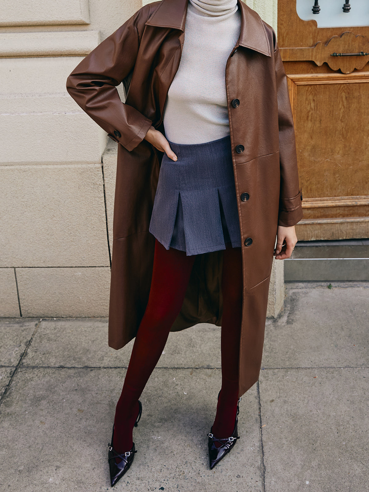 Velina Moda | Faux Leather Long Jacket