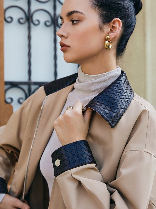 Velina Moda | Contrast Collar Drawstring Faux Leather Jacket