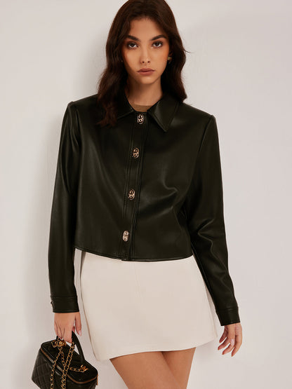 Velina Moda | Button Pu Leather Short Jacket