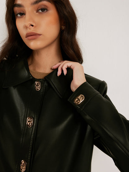 Velina Moda | Button Pu Leather Short Jacket