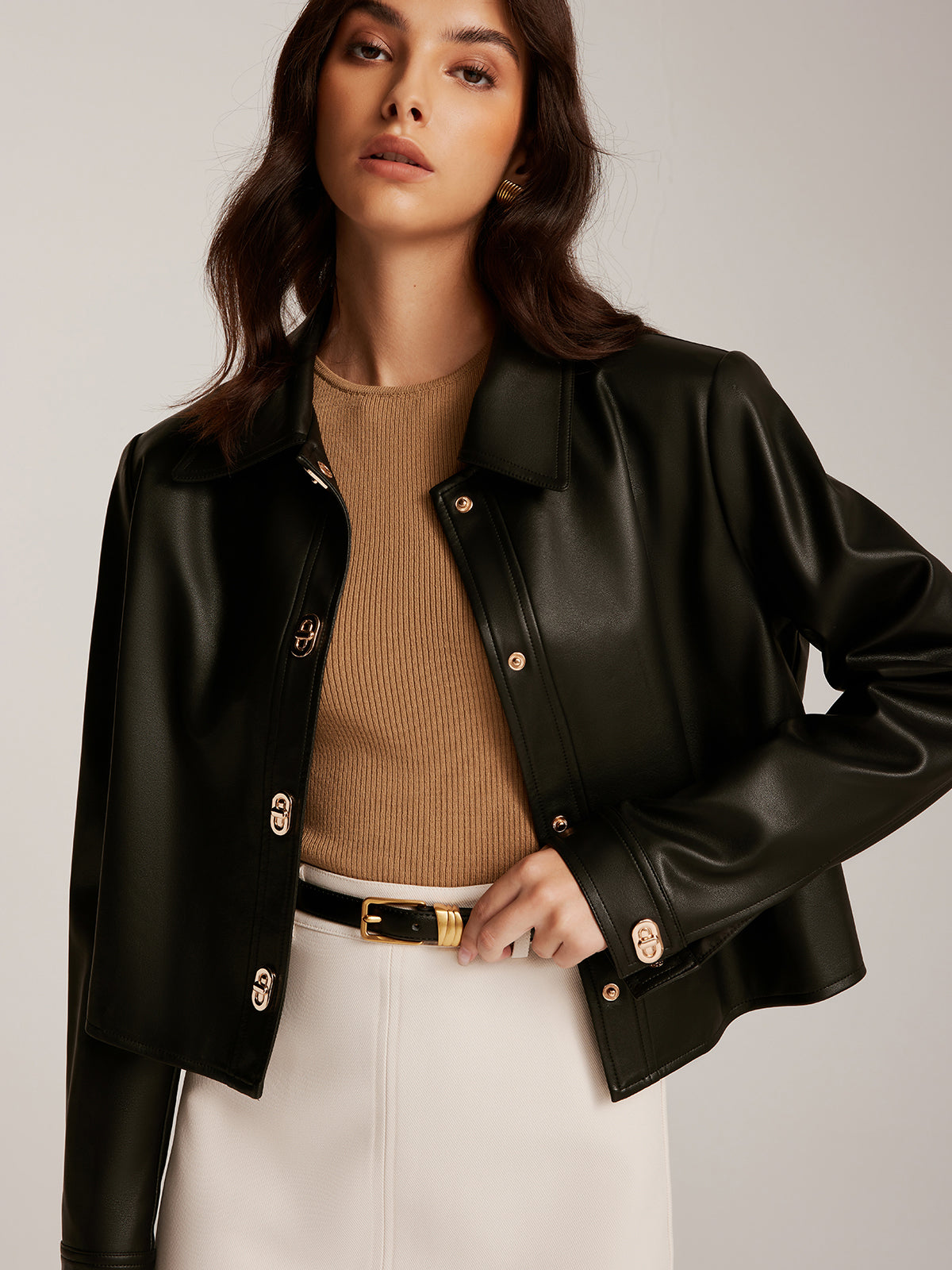 Velina Moda | Button Pu Leather Short Jacket
