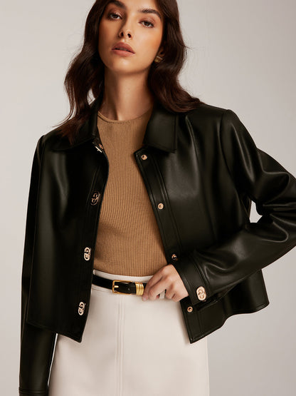 Velina Moda | Button Pu Leather Short Jacket
