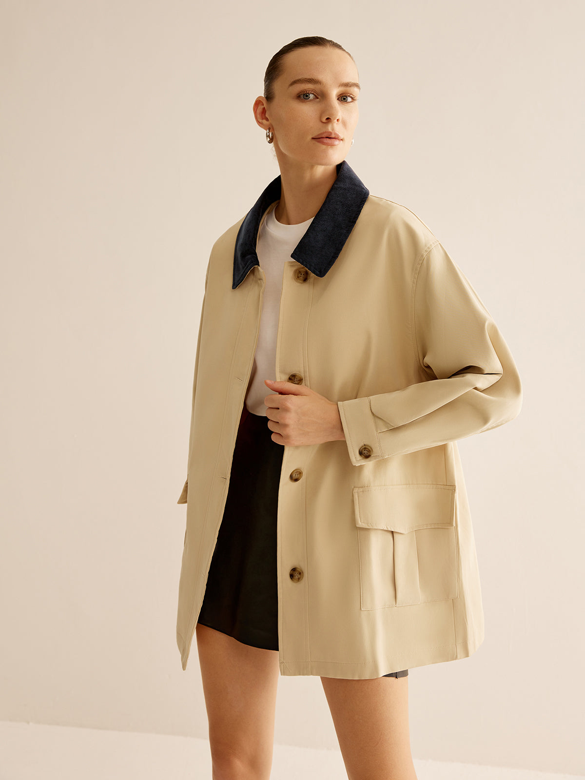 Velina Moda | Cotton Contrast Collar Button Jacket