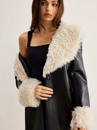 Velina Moda | Collar Faux Leather Jacket Without Belt