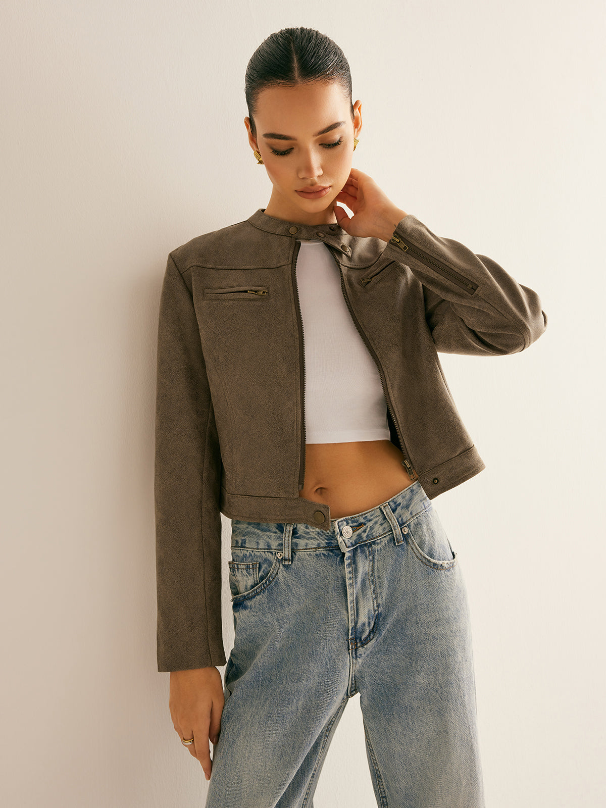 Velina Moda | Button Collar Zipper Jacket