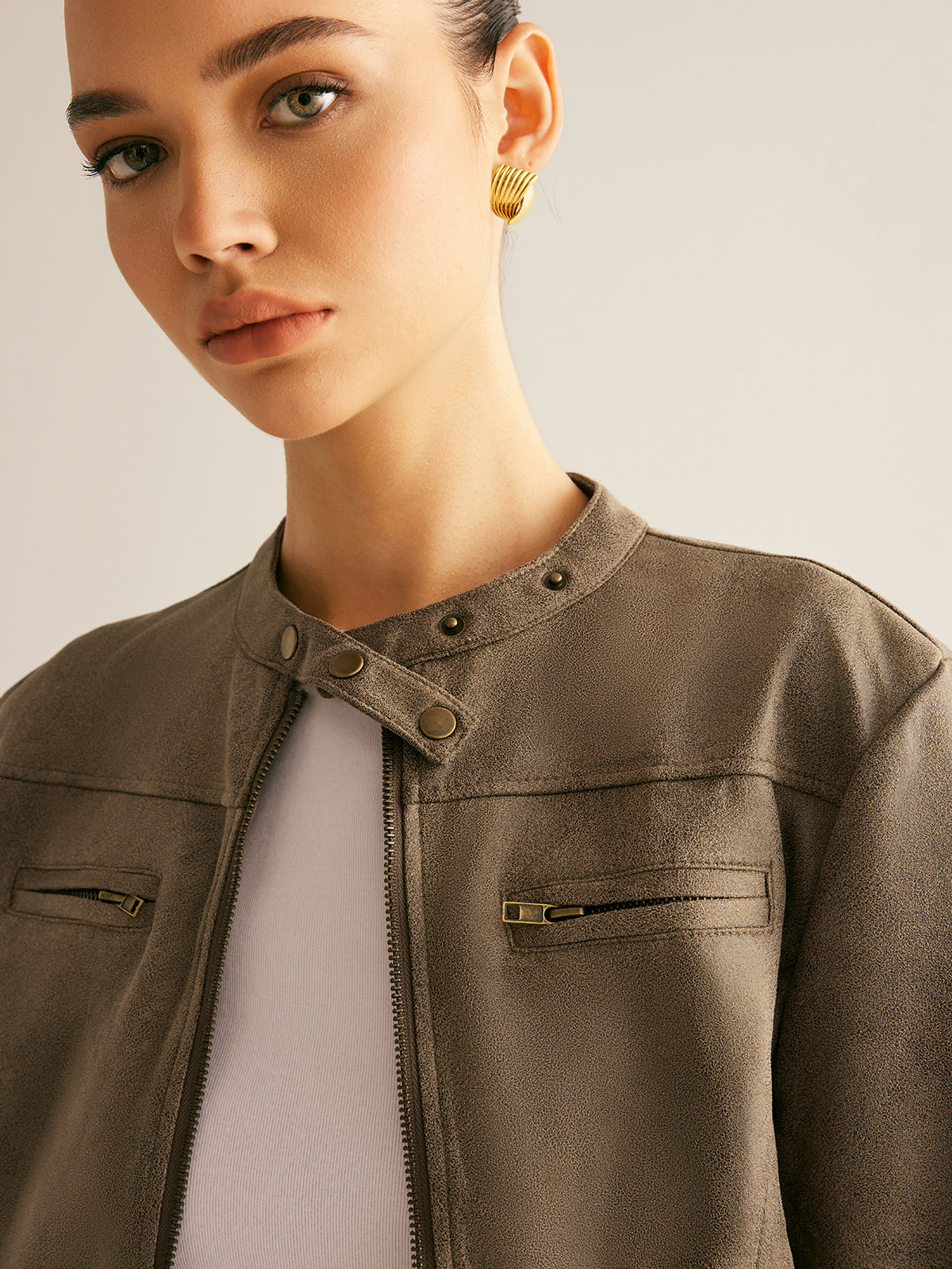 Velina Moda | Button Collar Zipper Jacket