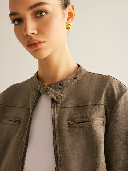 Velina Moda | Button Collar Zipper Jacket